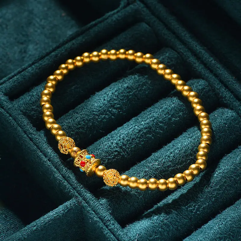 9999 Bracciale con perline di trasferimento antichi in vero oro 24 carati, squisite perline mercerizzate con fiori cavi, piccolo braccialetto con fagioli dorati femminili