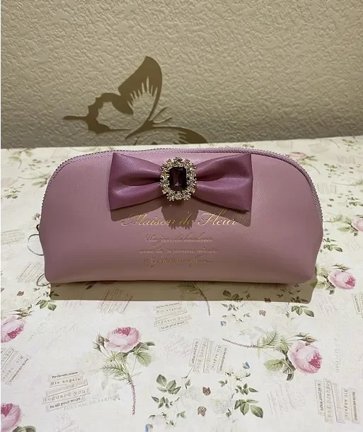 Japanese Style Cute Bow Rhinestone Pencil Case Small Clutch Women Girls Cosmetic Bag Mini Pink Pencil Bag Key Wallets