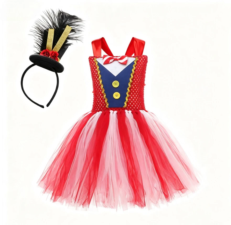 Children Red Blue White Circus Clown Dress With Hat Outfit For Kid Halloween Carnival Party Role Play Stage Performance Clothing