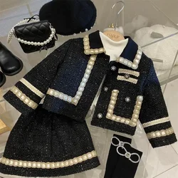 New Girl 2 Piece Tweed Set Winter Suit Clothes for 1-10Years Children's Cotton Padded Jacket Coat+Skirt Kids Classic Outfits