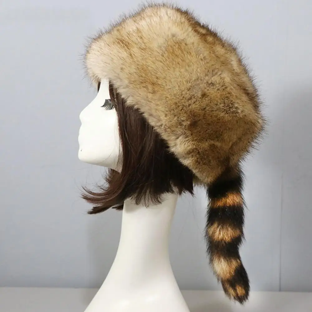 Winter Hat Faux Fur Raccoon Tail Russian Round Flat Top Ear Protection Thickened Autumn Winter Thermal Women Cap Panama Cap