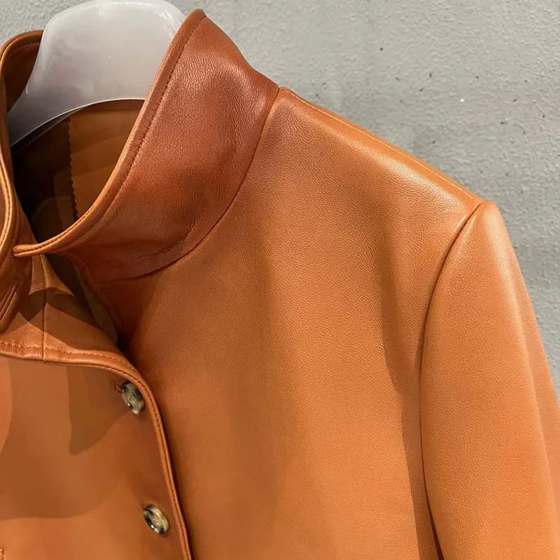 Abrigo de mujer de alta calidad, chaqueta de piel de oveja auténtica importada, cuello vuelto, cuero Vintage naranja, primavera 2024