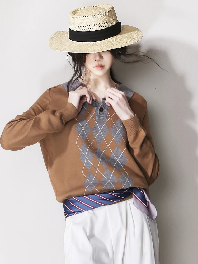 

Casual American Retro Ne Knitted Sweater Loose Fit Overhead Button D77 Diamond Color Blo Slimming Versatile Knitwear