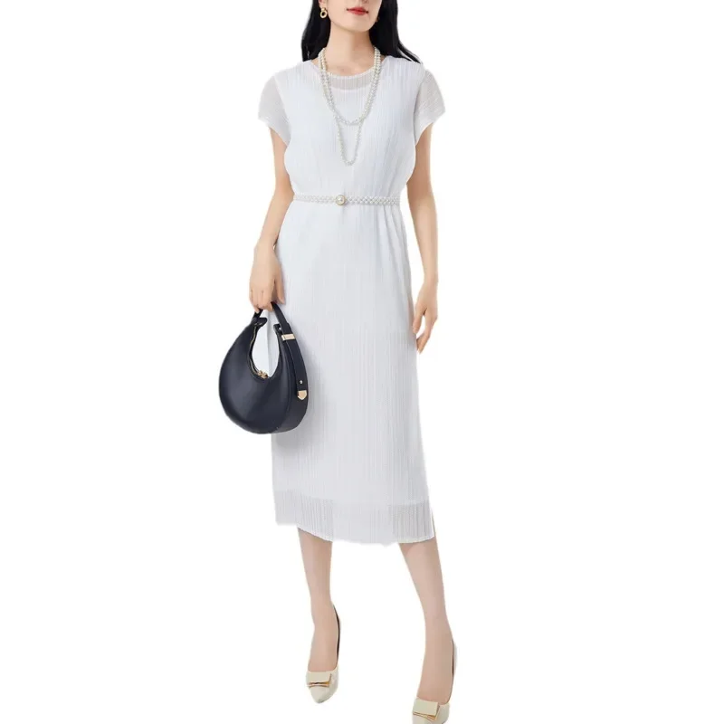 Miyake 2025 verão nova onda moda casual dupla camada design solto vestidos femininos em torno do pescoço manga curta vestido sólido