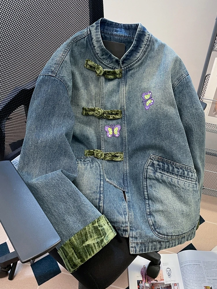 Джинсовое пальто с вышивкой в стиле ретро в китайском стиле и воротником-стойкой на пуговицах для мужчин, весенне-осенняя свободная верхняя одежда