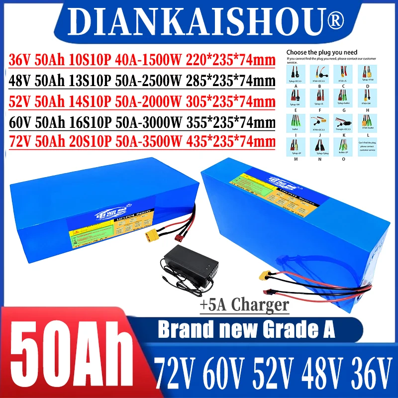 

Аккумуляторный блок 21700, 48В 52В 60В 72В 50Ач, литиевый, 1500Вт-3500Вт, с BMS высокой мощности, для мотоциклов/трициклов/велосипедов