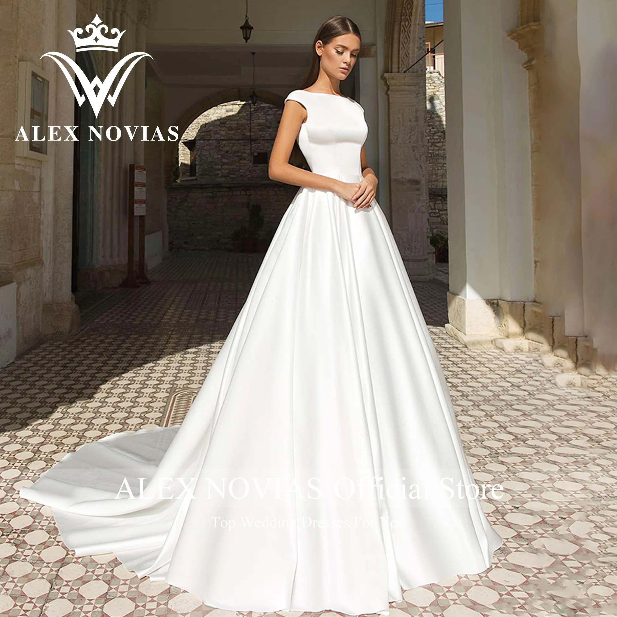 Alice NOVIAS – robe De mariée en Satin De haute qualité, jolie robe trapèze, dos nu, avec traîne, collection 2023