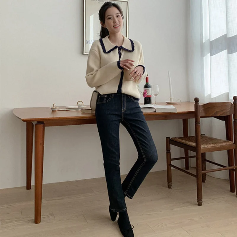 Cardigans Women Sweaters Turn-down Collar Preppy Casual All-match Knitting Spring Fall Design Patchwork Kawaii Student Ins New