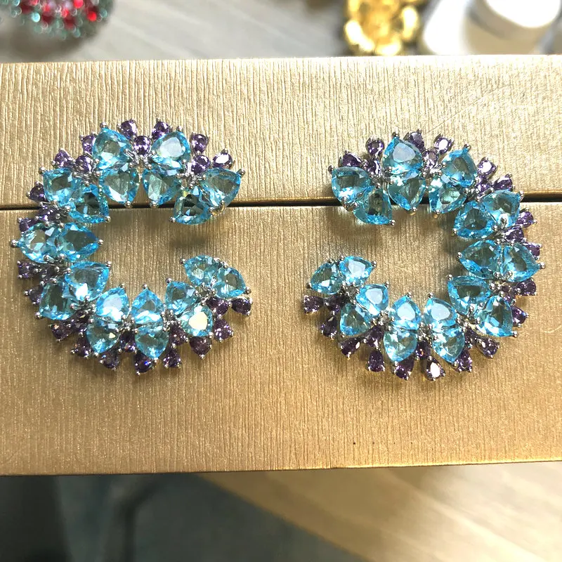 Bilincolor Luxury Blue Heart Circle Earring for Women Wedding