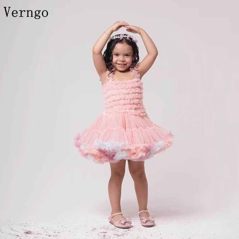

Verngo Pink Colorful Tulle Girl Birthday Party Dress Spaghetti Straps A Line Tiered Party Gown Kid Flowers Dress Customized
