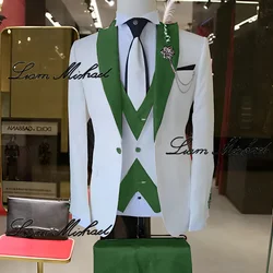 Elegant 3-piece Men's Suit Fashionable Jacket Pants and Vest Wedding Groom's Tuxedo white Jacket with Green Custom Suit