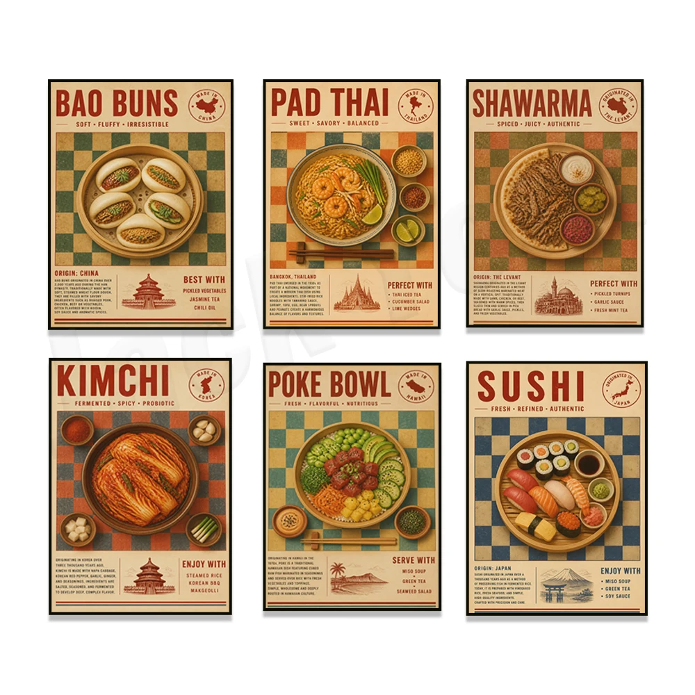 Ramen, croissant, butter chicken, kimchi, paella, pad Thai, lasagna, baklava, sushi, moussaka, Hawaiian poke bowl, food poster