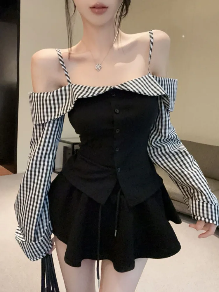 เสื้อเปิดไหล่ลายสก็อตสำหรับผู้หญิง รุ่นใหม่ประจำฤดูใบไม้ร่วง ดีไซน์ต่อผ้า ทรงเข้ารูป เซ็กซี่ ทันสมัย สไตล์เกาหลี เหมาะสำหรับใส่ไปทำงาน