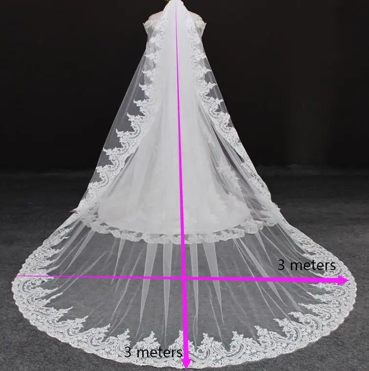 كاتدرائية طويلة الدانتيل الحجاب الزفاف مع مشط طبقة واحدة عالية الجودة 3 متر الحجاب الزفاف الأبيض العاج الحجاب الفوال Mariage
