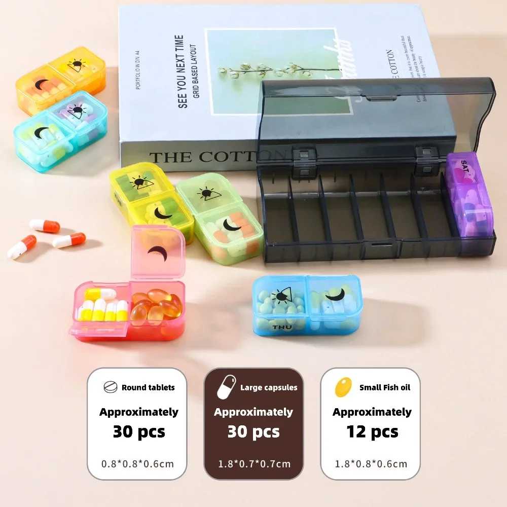 منظم أدوات حبوب أسبوعي محمول ساخن جديد Premuim 2 مرات في اليوم صندوق 14 شبكة تخزين يومي لمكملات الفيتامينات زيوت السمك #3
