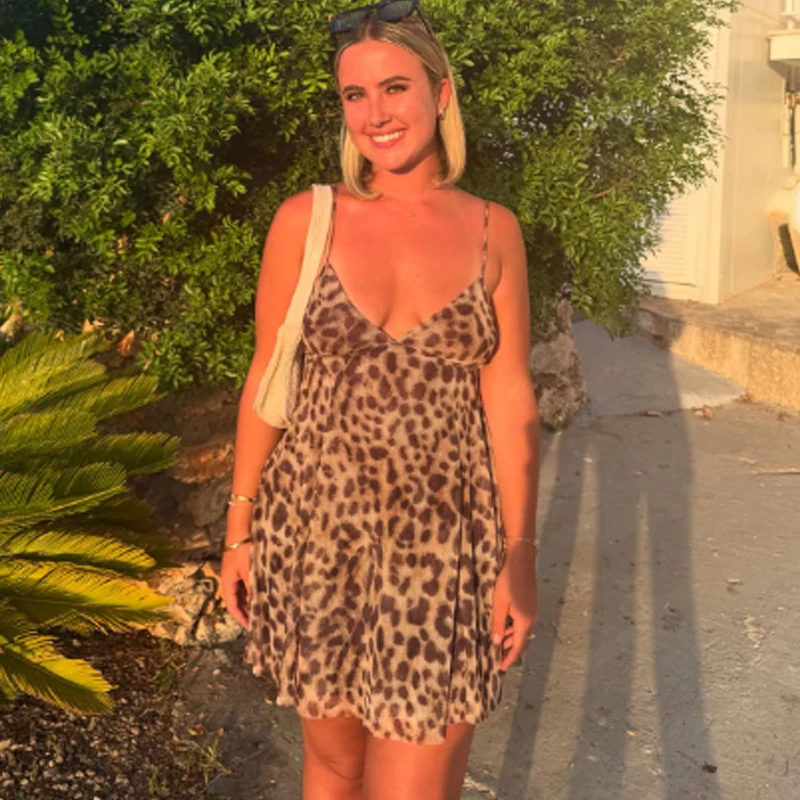 HXAO Mesh Women's Dress Slip Leopard Print Woman Summer Dress Vintage Sleeveless Short Dresses Lace Up Backless Sexy Dress