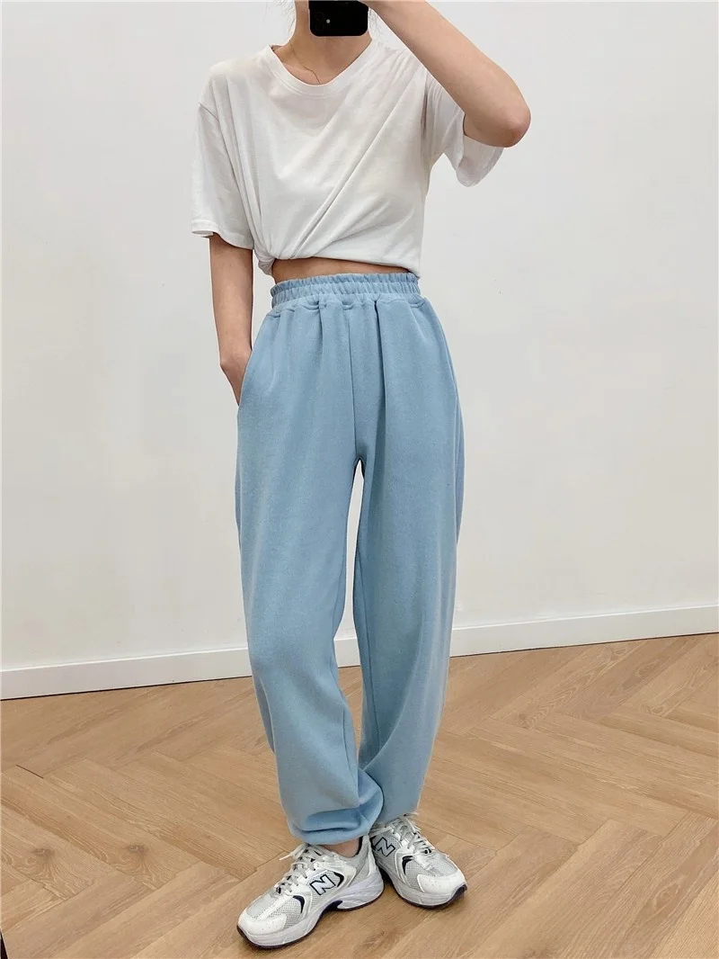 กางเกงขายาวเอวสูงทรงหลวมสบายสไตล์ลำลอง ขาบาน ปลายขาจั๊ม ผ้ามีความยืดหยุ่น แฟชั่นสตรีท ไซส์พลัส