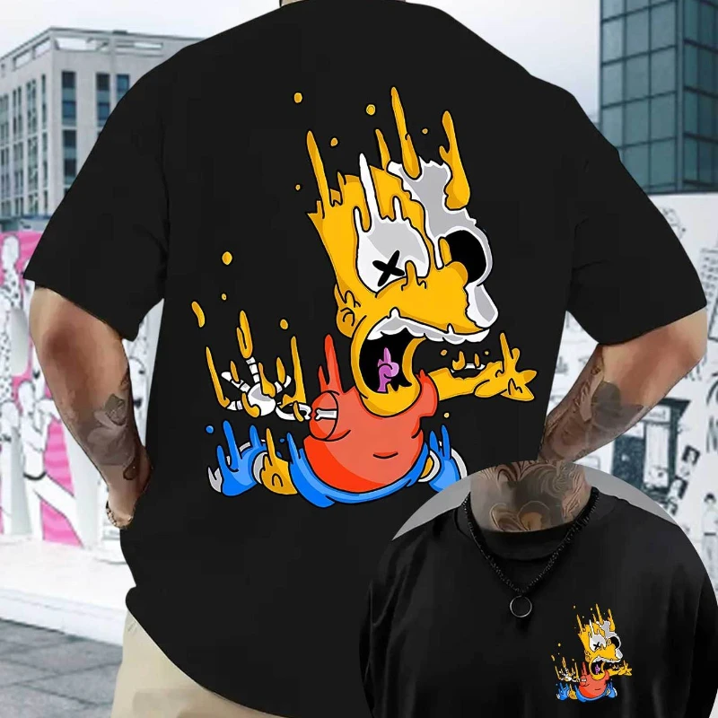 Summer Simpsons Pattern Casual Short-sleeved T-shirt with Cartoon Flame Explosion Print Design, Soft and Comfortable Top