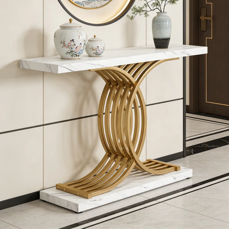 #Modern Luxury Console Table With White Marble Top & Gold Metal Geometric Base, Elegant Entryway