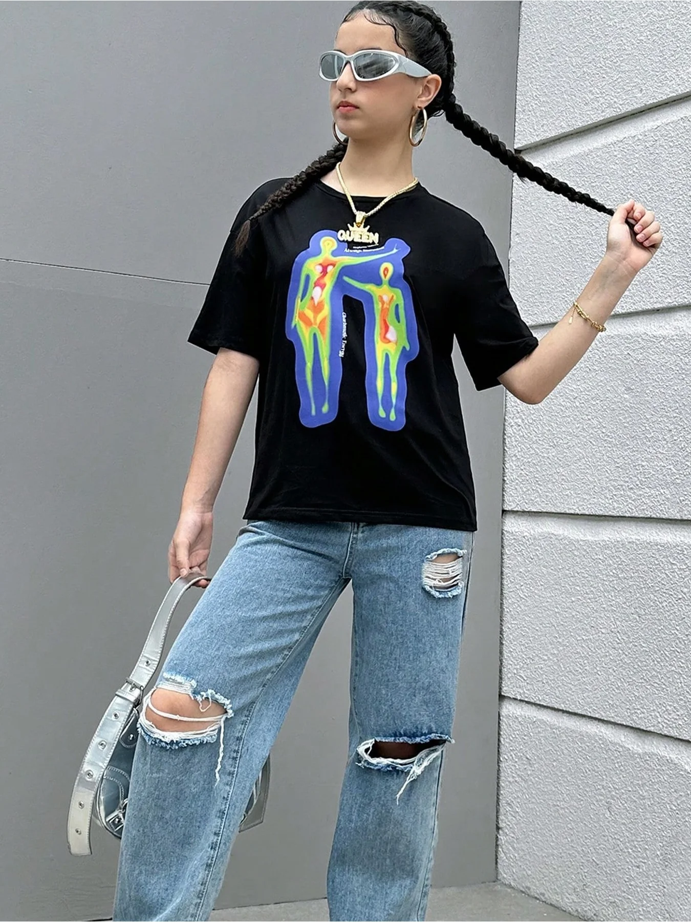 Children's Casual Comfortable Top 2026 Niche Art Sense Thermal Imaging Portrait Print Short-Sleeved Loose Black T-Shirt