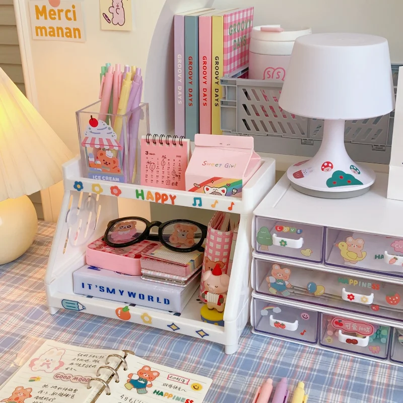 Étagères de rangement de bureau à double couche Kawaii, organisateurs de papeterie, stockage de fichiers de grande capacité, accessoires de bureau,