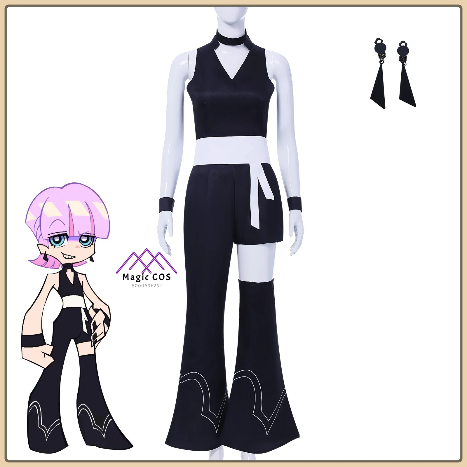 

Panty & Stocking Polyurethane (Female) Costume Wig + Black Bodysuit +Wristbands Full Set Anime Clothes for Halloween Party Suit