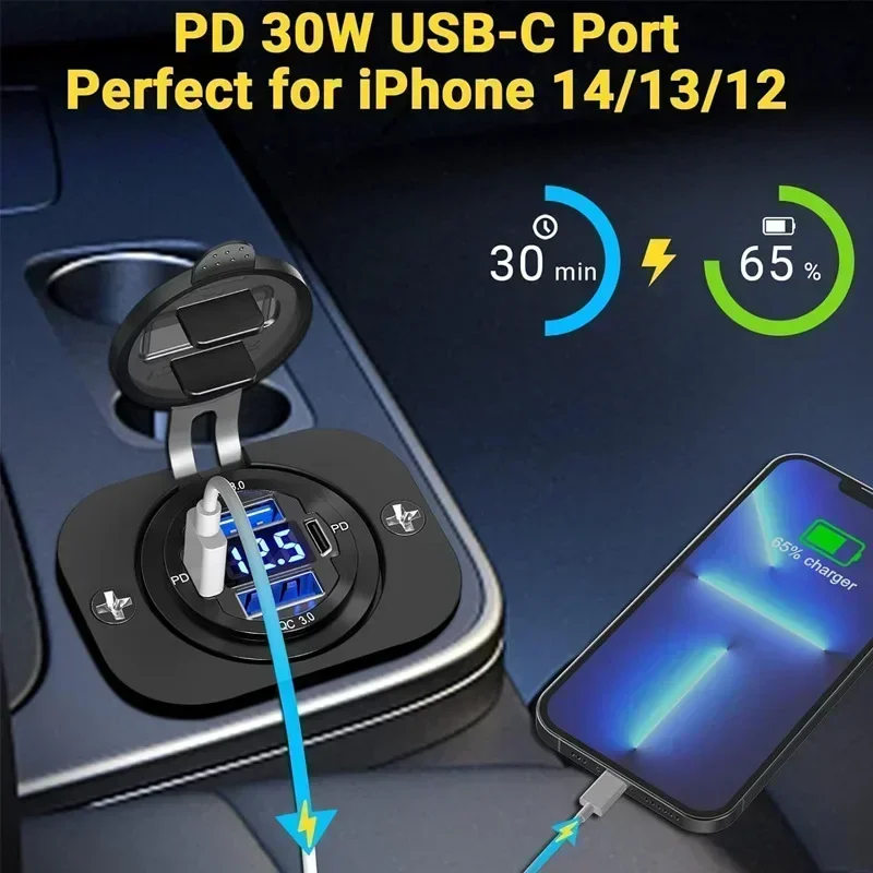NOVO Carregador Veicular USB 117W com Dual PD e Dual QC 3.0, Adaptador de Tomada com Voltímetro à Prova d'Água para Carros e Barcos 12V/24V - Super Vendas