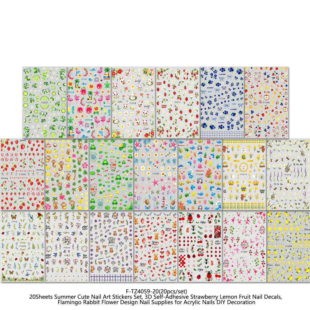 20 Pack 3D Vacation Style Nail Decoration stickers, Summer Fresh Fruit Flower Patterns, Strawberries, Lemons, Flamingos