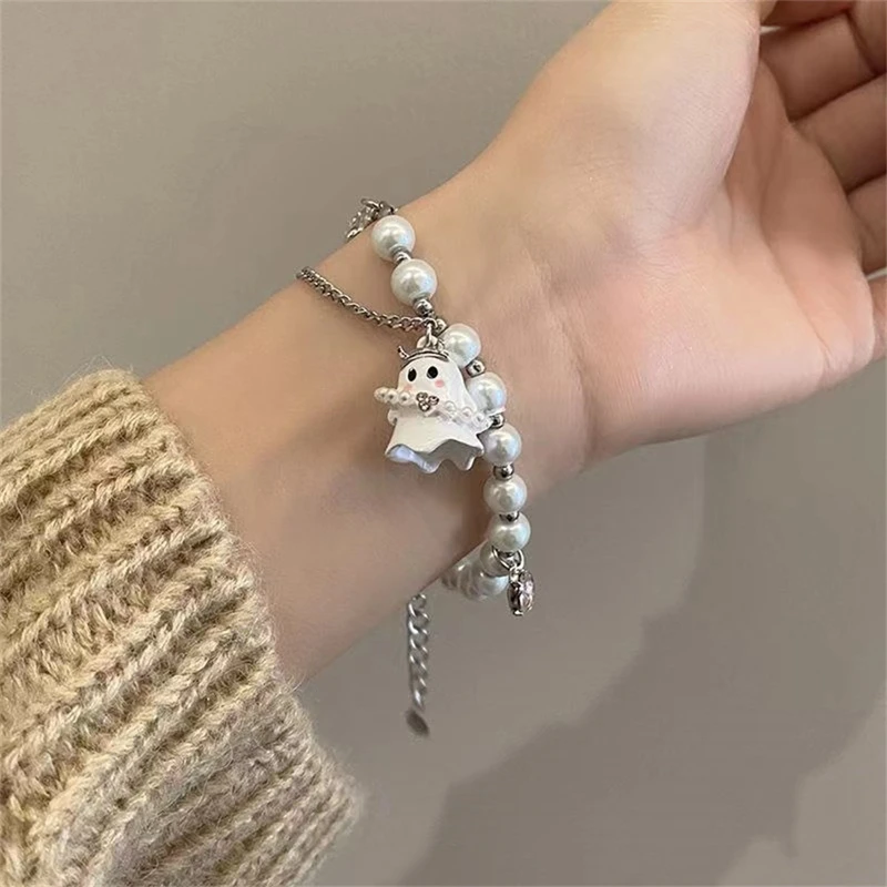 Halloween Stretchy Ghost Pendant Beaded Bracelet for Women, Handmade Protection Good Luck Jewelry Birthday Present