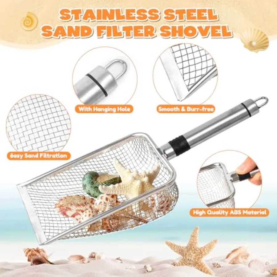 Conjunto de brinquedos de areia de praia com pás de aço inoxidável peneira de dente de tubarão e sacos de malha brinquedos de areia duráveis para praia família praia vaca