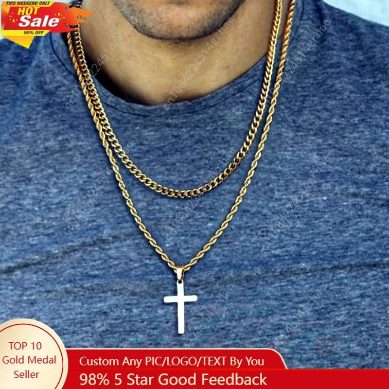 

HNSP Stainless Steel Double Chain Cross Necklace Pendant For Men Gift Jewelry Accessory Gold Black Silver Color