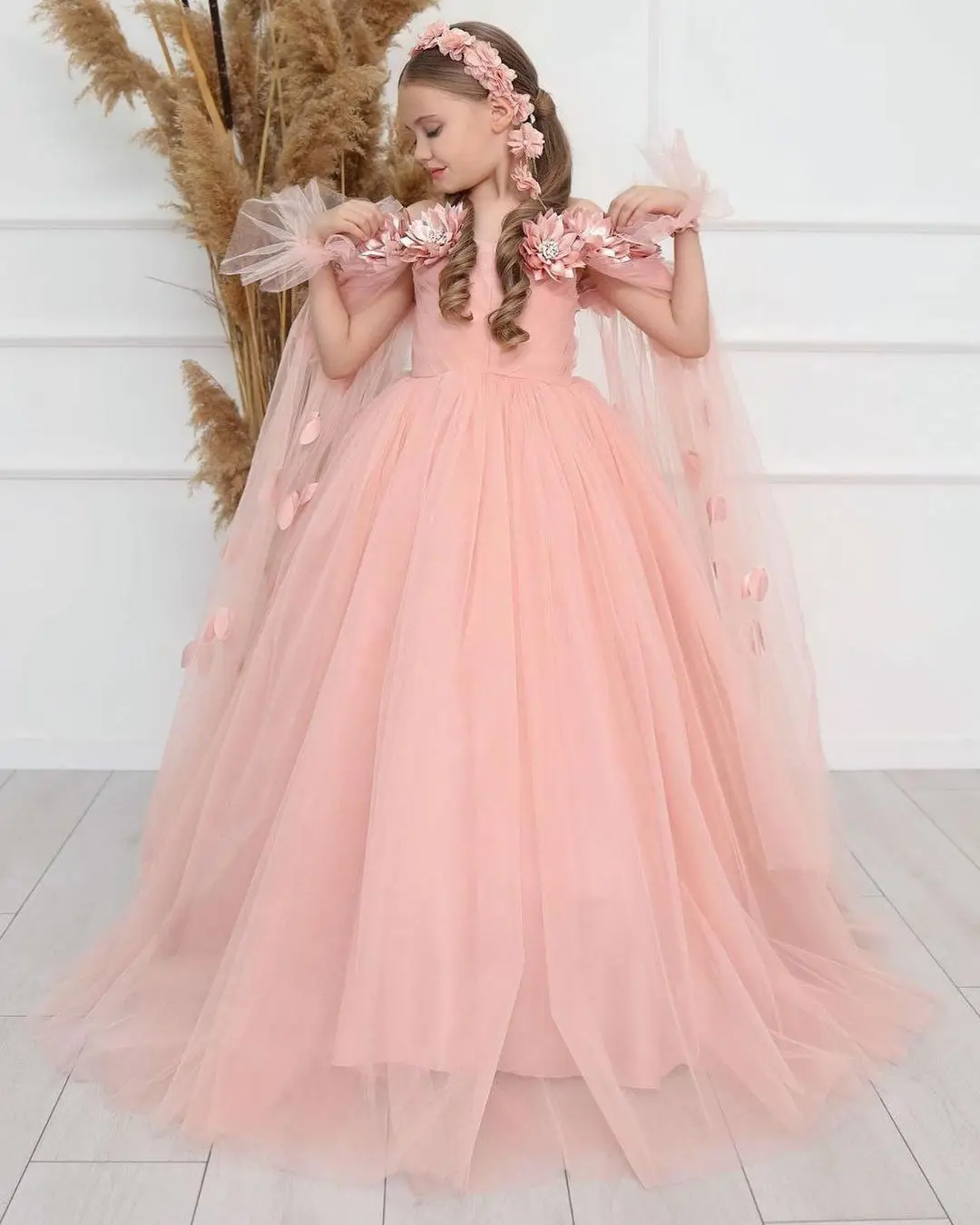 

Flower Girl Dress with Embroidery Floral Wrap Cape Princess Ball Gown Fluffy Skirt Tulle Fairy Junior Bridesmiad Prom