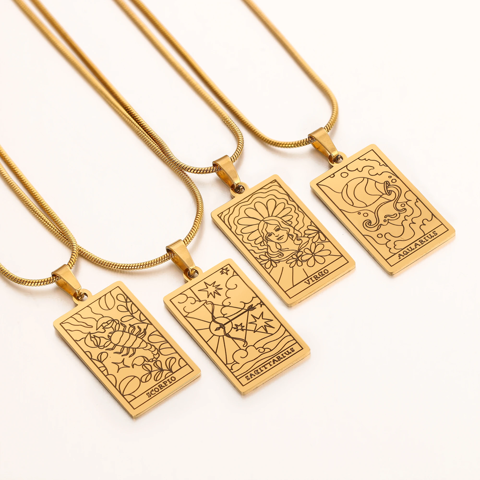 Zodiac Sign Necklace Stainless Steel 12 Constellations Pendant Necklace 18K Gold Color Plated Tarot Snake Bone Chain Necklaces