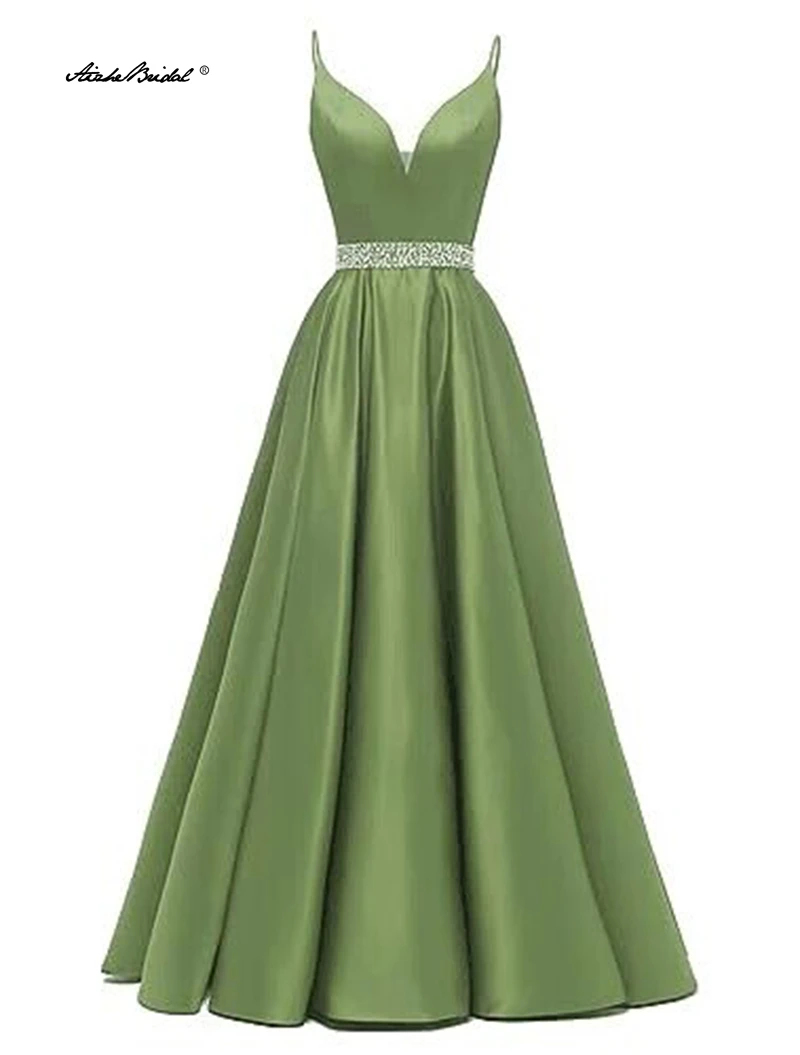 

Olive Green Satin Party Dress Spaghetti Strap A Line Prom Evening Gown Long with Beaded Belt vestidos de gal