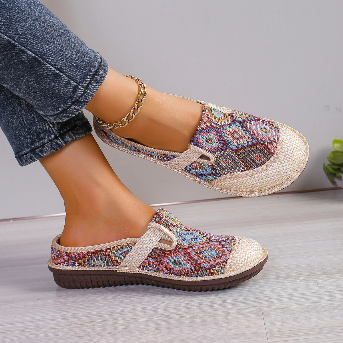 Women's Ethnic Style Linen Woven Slip-On Shoes, Breathable Casual Mules, Comfortable Flat Loafers for Daily Wear, Free Shipping image 5