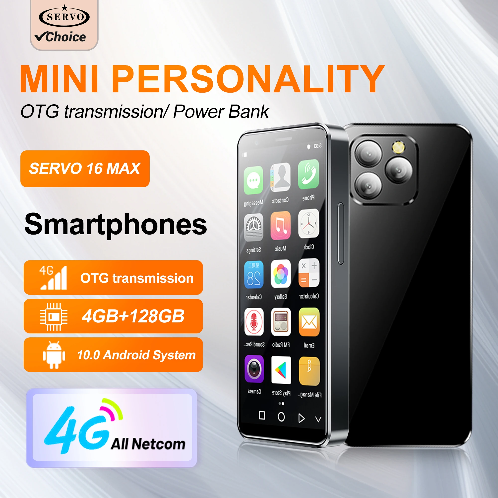 SERVO 16MAX 4G LTE Mini Smartphone Android OS 4GB+128GB Play Store WiFi Power Bank Face Unlock OTG 2 SIM 4.0