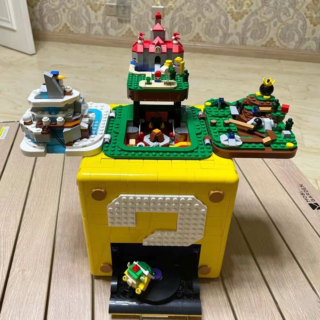 

2380 шт. Super Marioed 64 блок вопросов, строительные кирпичи, совместимые с моделью 71395, подарки на день рождения, Хэллоуин, Рождество