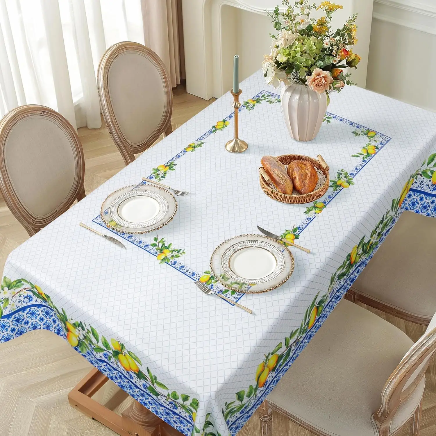 Spring Summer Lemon Blue Printed Waterproof Tablecloths Dining Table Decor Washable Rectangle Table Covers Holiday Party Decor