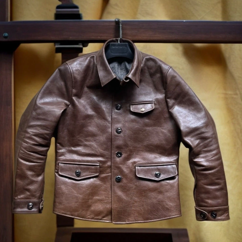 

Кожаный джет, мужской приталенный восковой воловьей кожи с воротником, весна-осень Faion Urban Sle Long Sve, застежка на одной пуговице