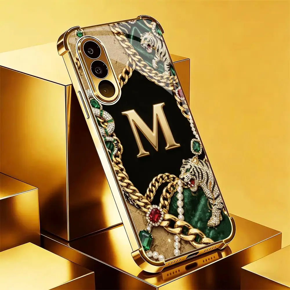 Leopard print M electroplated glass phone case suitable for Samsung Galaxy S26 S25 S24 S22 S21 S20 FE/Ultra/Plus anti drop