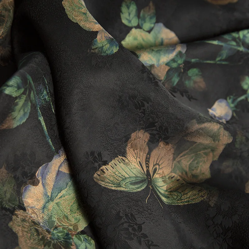 High Quality Dark Bottom Pansy Real Silk Gambiered Guangdong Flower Rose Fabric Double-Sided Jacquard Clothing Design