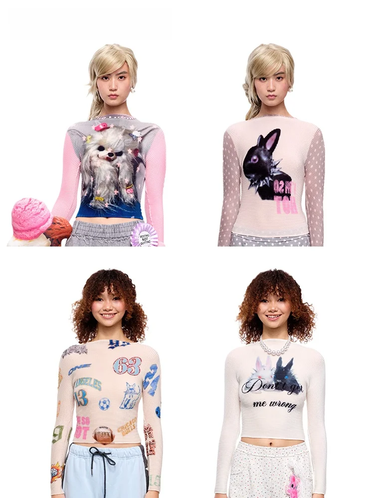 

Женская футболка MOF с длинным рукавом, плиссированная, с принтом, повседневная, приталенная, из полиэстера, с круглым вырезом, короткий рукав.