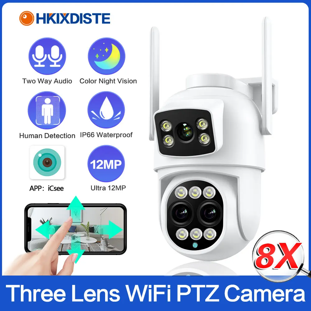 

ICSEE Smart WIFI Security Camera 12MP 8K Three Lens 8X Zoom Outdoor HD Video Surveillance IP Cameras IPTV CCTV PTZ Auto Tracking