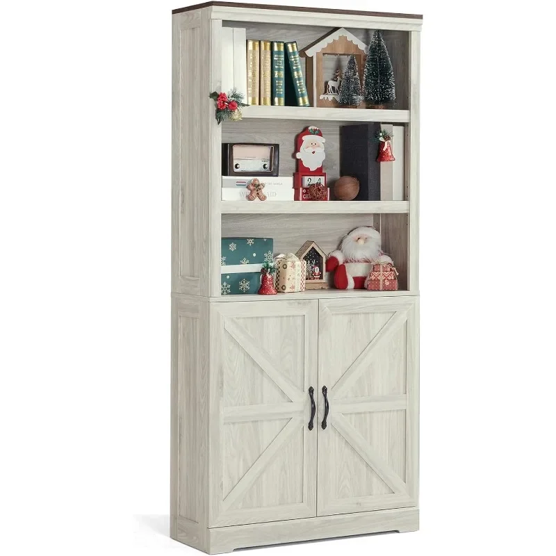 

Bookcases with Doors, Farmhouse Storage Cabinet 69 in Tall 5-Shelf Floor Standing Display Bookshelves with Adjustable Shelves