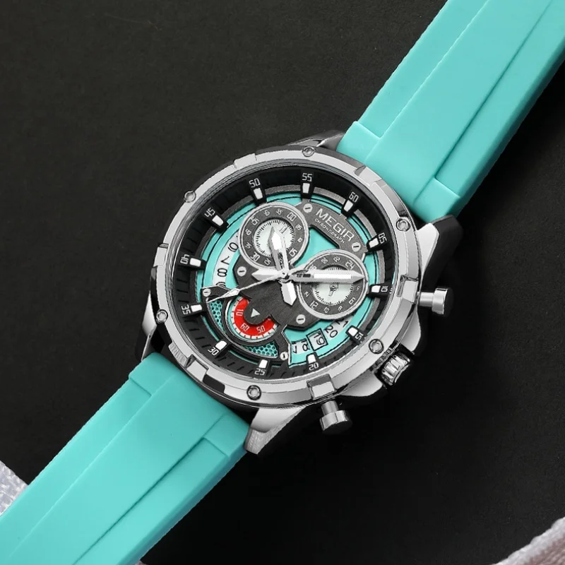 MEGIR 2248 ساعات كوارتز عصرية للرجل مضيئة كرونوغراف التقويم مقاوم للماء سيليكون حزام متعدد الوظائف ساعة رياضية للرجال