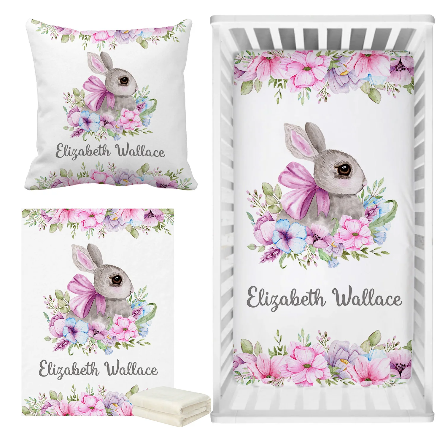 

LVYZIHO Pink Purple Floral Bunny Bedding Set, Custom Name Rabbit Bedding Set,Baby Shower Gift Bedding Set