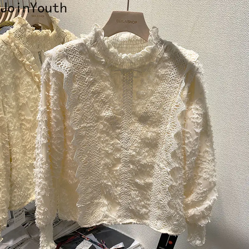 Half High Collar Blouse Women Thicked Long Sleeve Tunic Shirts Temperament Lace Vintage Blouses Tops 2023 Blusas Muuer De Moda