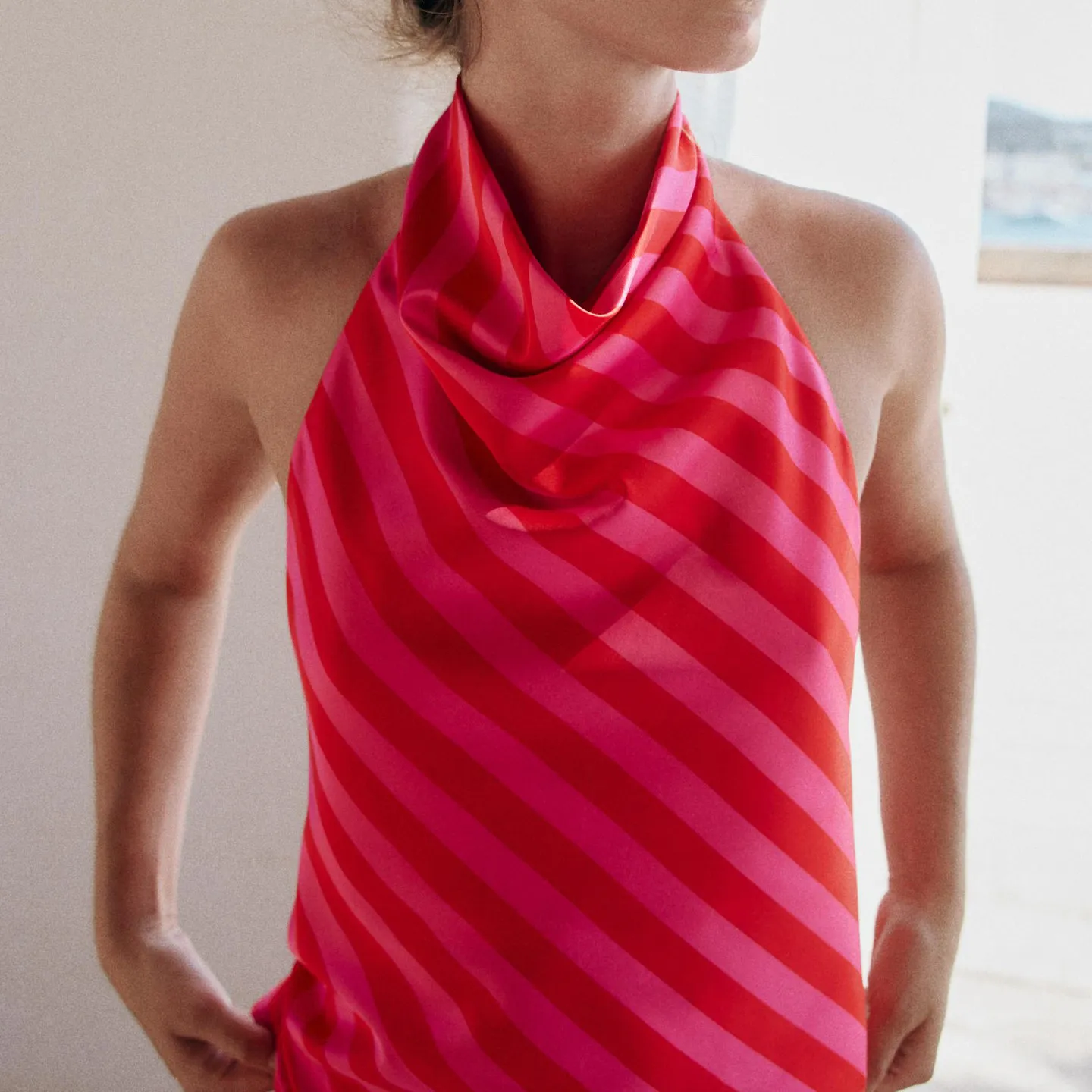 Women's Fashion Summer Outfit Backless Striped Top with Hanging Neckline Elastic Waist Skirt Two-Piece Set No-Sleeve Vest