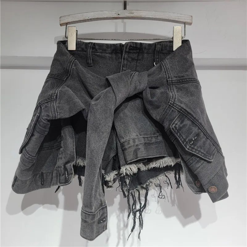 Denim Shorts Women Jeans Vintage Washed A Line Slim Fit Low Waist Straight Trousers Lace Up Y2k Streetwear Splice Casual Beach - view 2