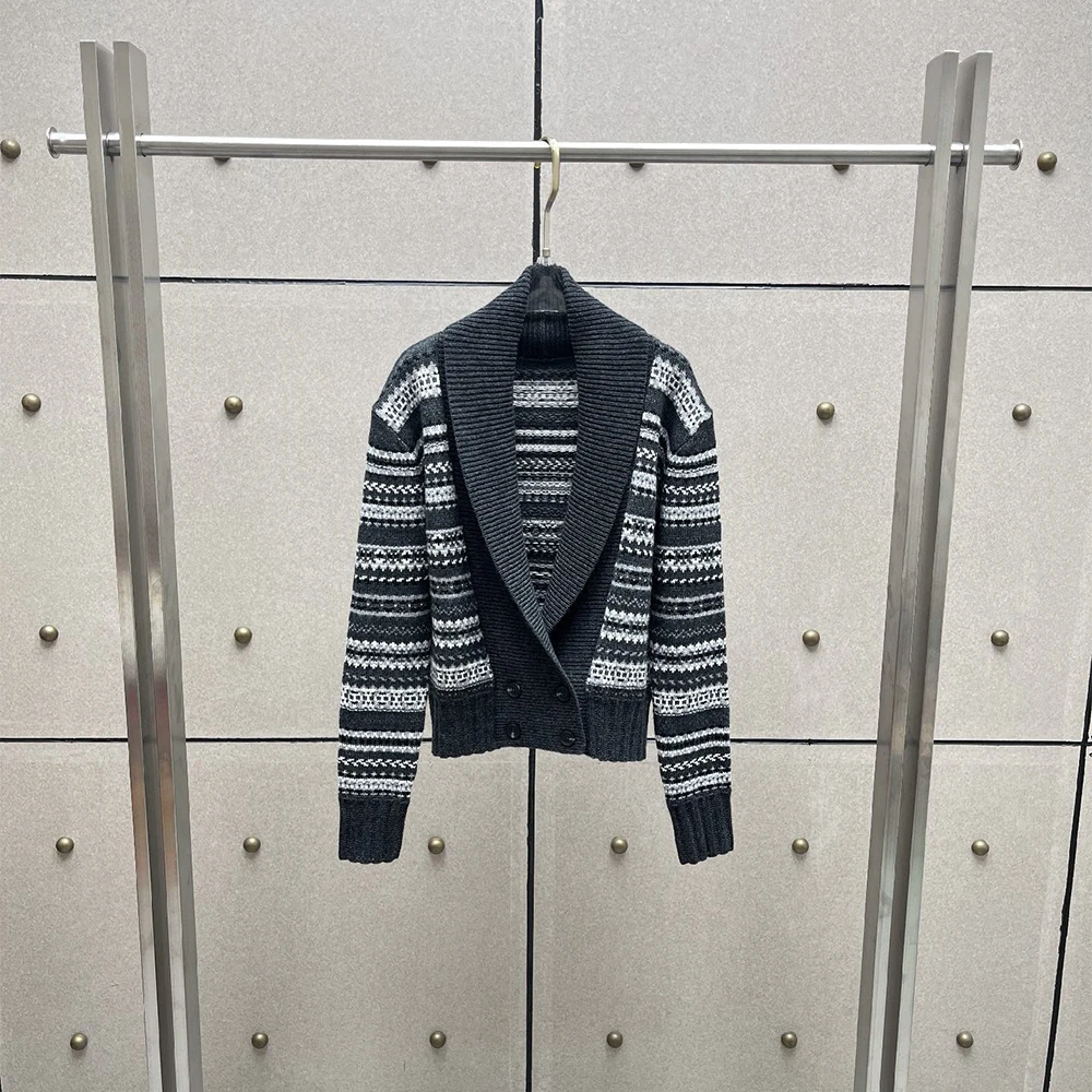 100% Pure Wool Women Cardigan Retro Ethnic Stripe Knitted Sweater Shawl Collar Long Sleeve Fall Winter Warm Lady Knit Outer Coat